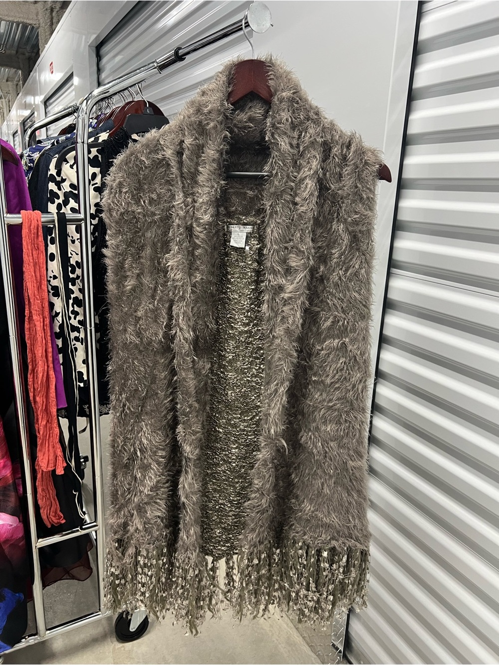 Alberto Makali Taupe Faux-Fur Open Front Fringe Jacket